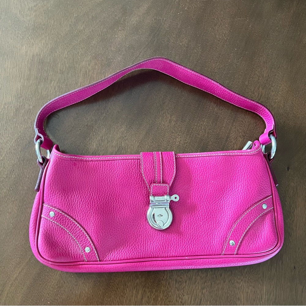 Women’s Burberry Pink Leather Shoulder Baguette Bag Plaid Liner Silver Hardware